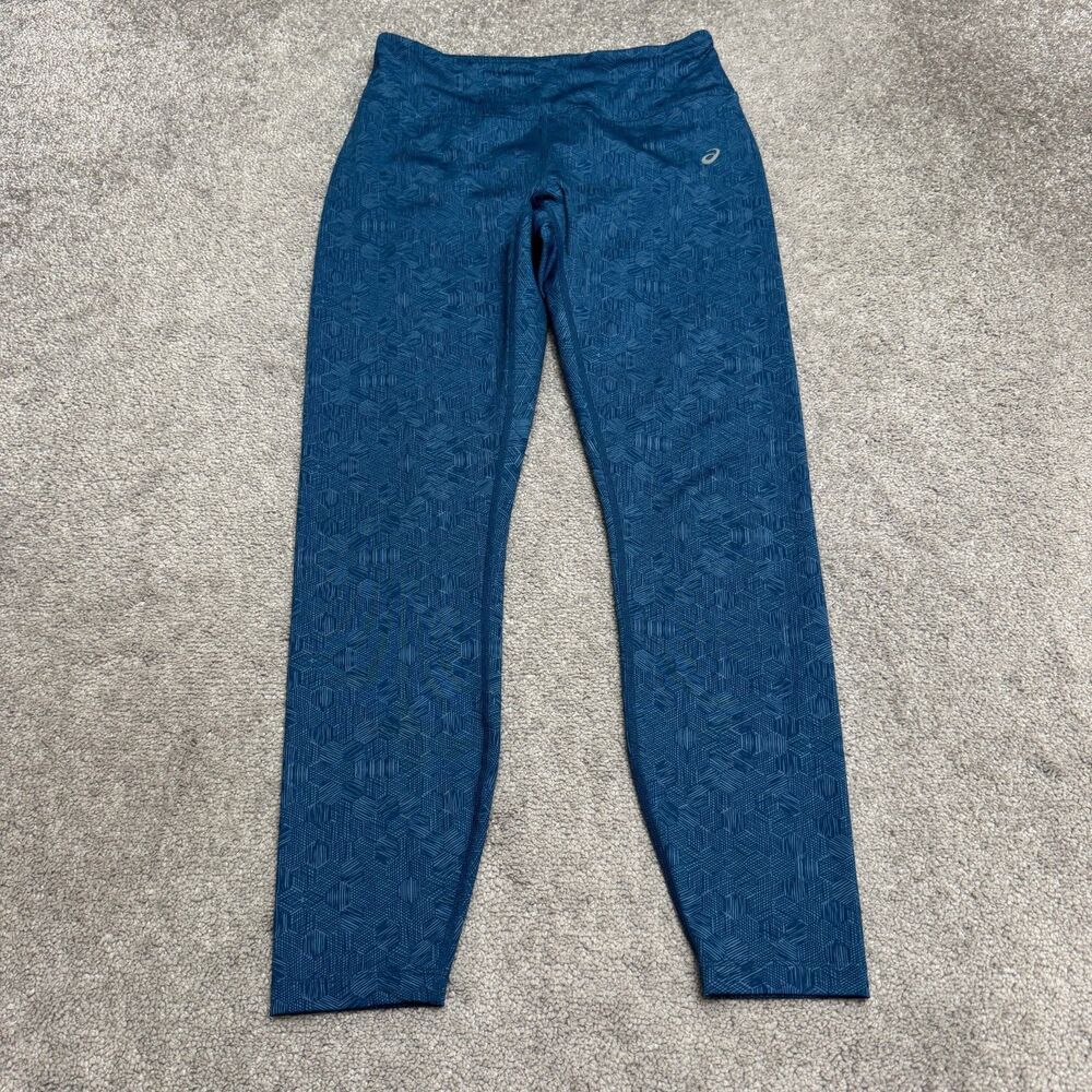 Asics Geometric Active Stretch Running Leggings Pants Womens Medium Blue Active